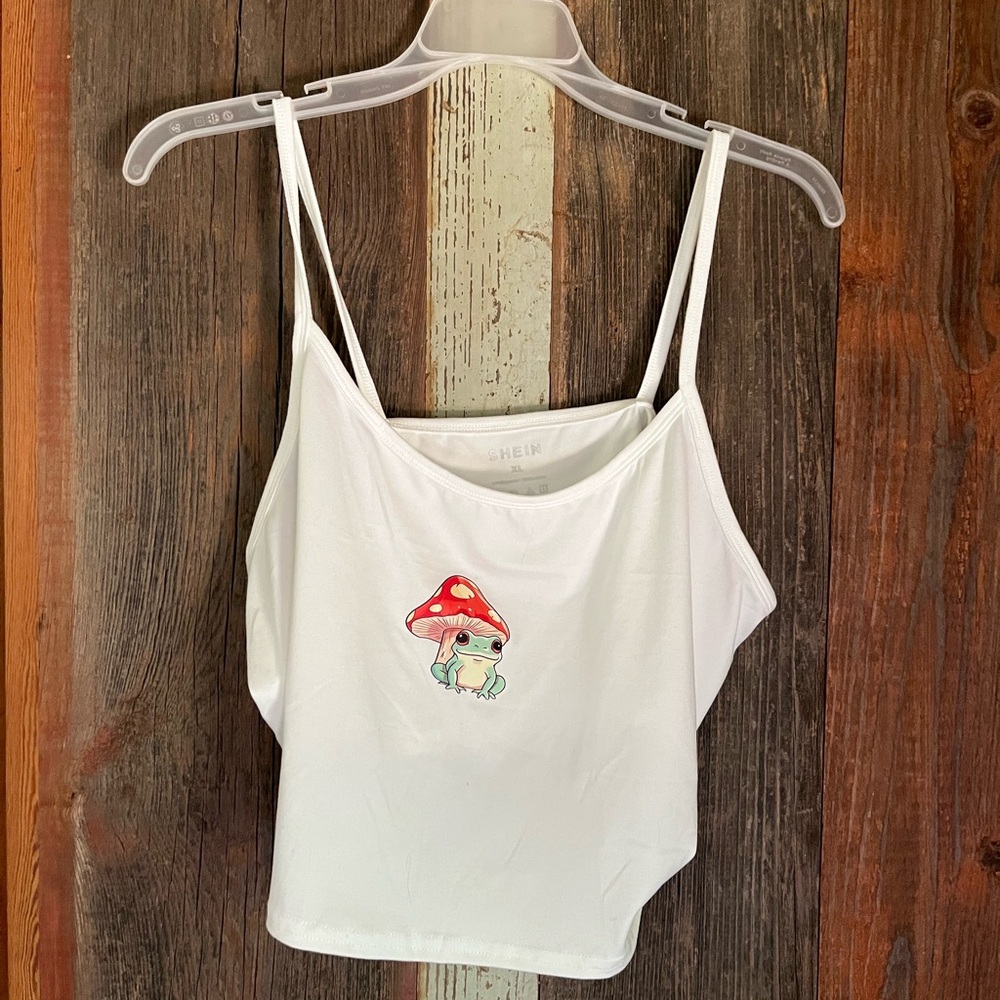SHEIN White Crop spaghetti strap top with Red Frog & Mushroom Design - NWOT